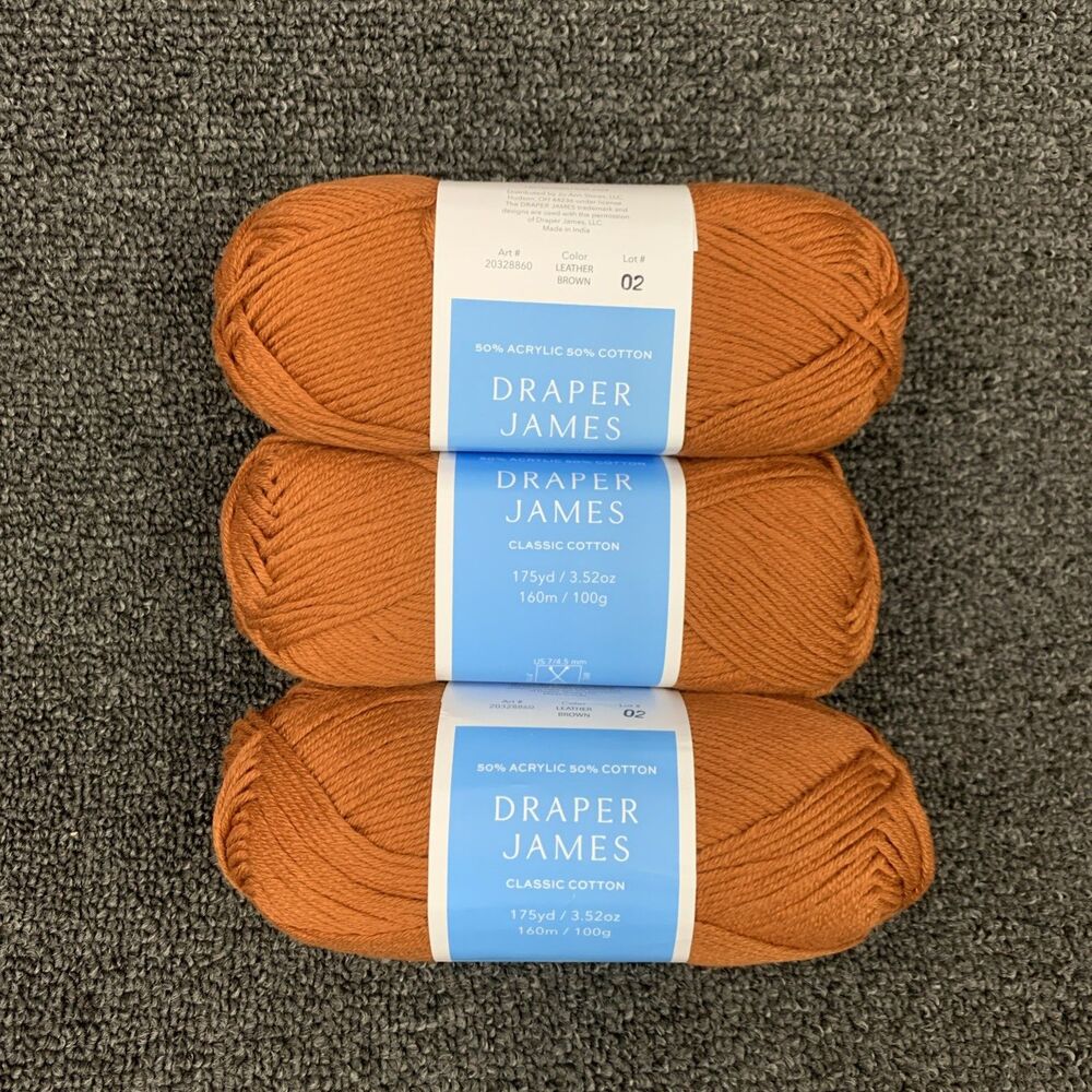 Lot Of 3 Draper James Classic Cotton Leather Brown 175yds Acrylic & Cotton Yarn
